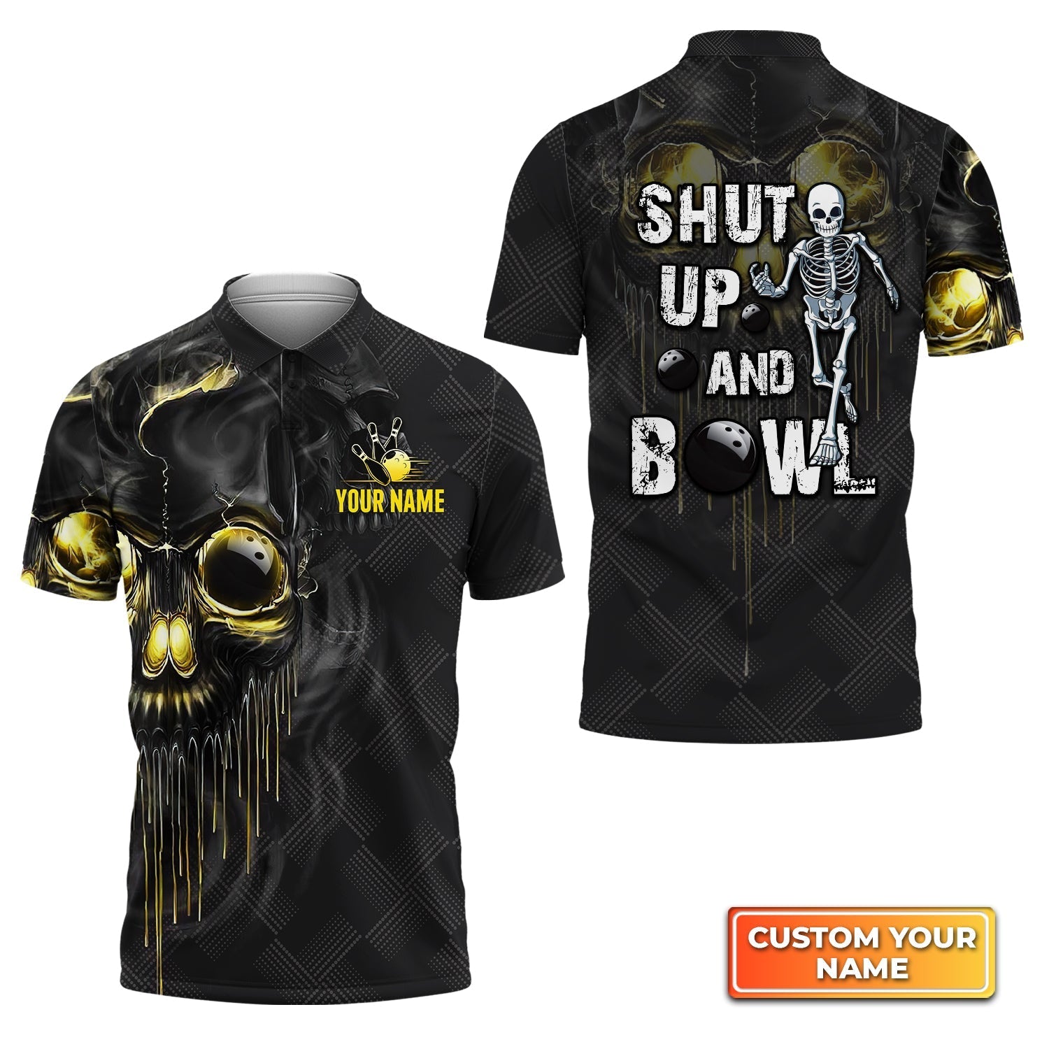 Personalized Shut Up And Bowl Golden Skull Name 3D Polo Shirt