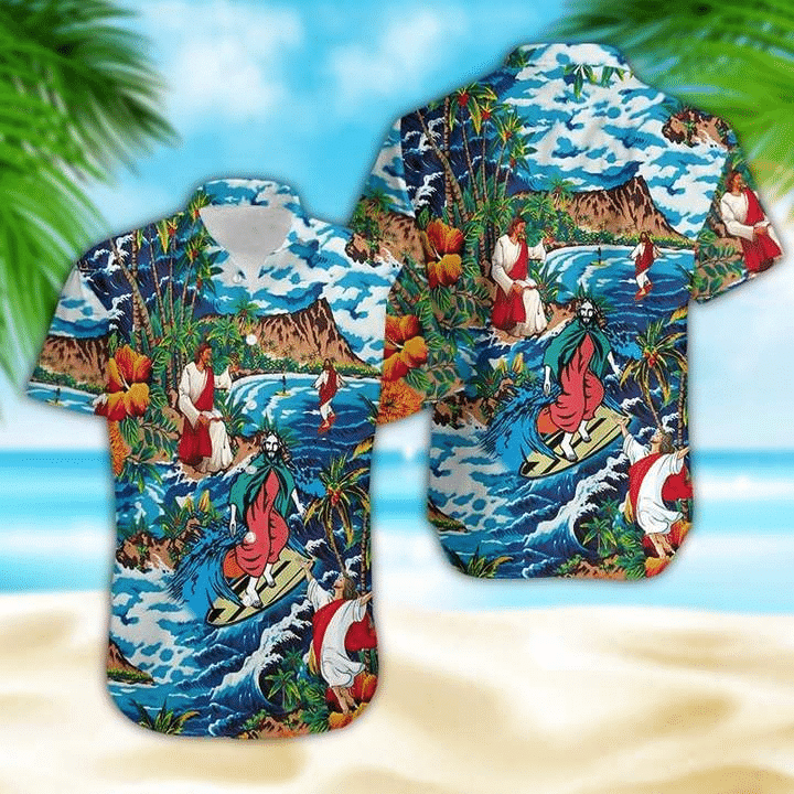 Jesus Surfing On Island Hawaiian Shirts Aloha Hawaii Shirt Aloha Shirt For Summer