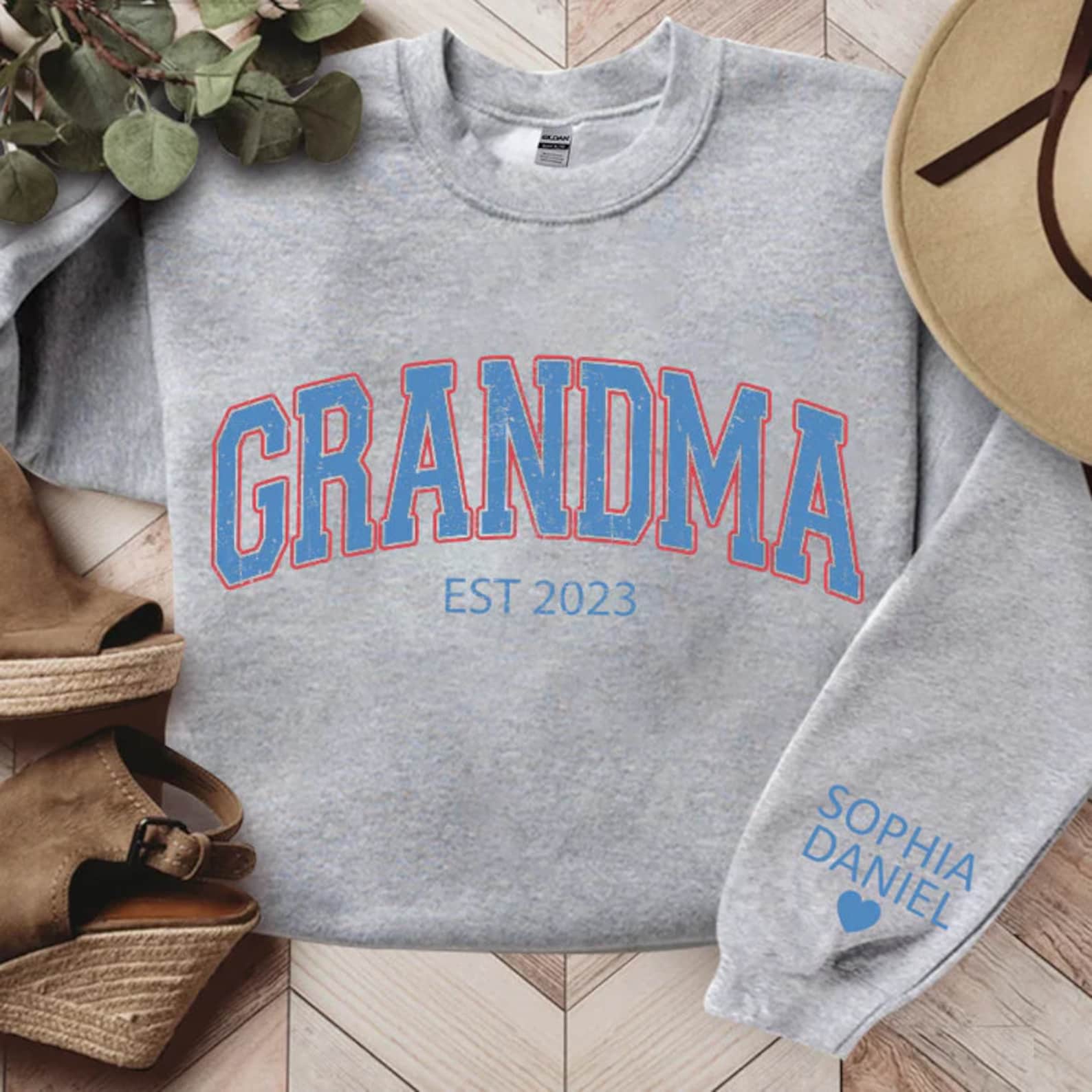 Custom Grandma Est Sweatshirt, 4Th Of July Grandma Sweatshirt, Grandma Est With Kid On Sleeve Independence Day, Grandma Usa Sweatshirt