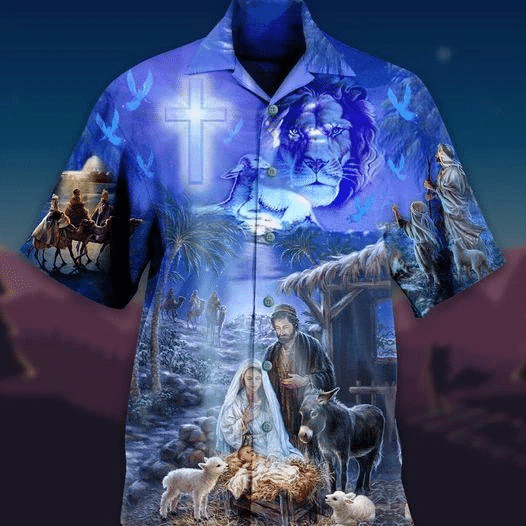 Lion With Jesus Was Born In Farm Blue Hawaiian Shirt