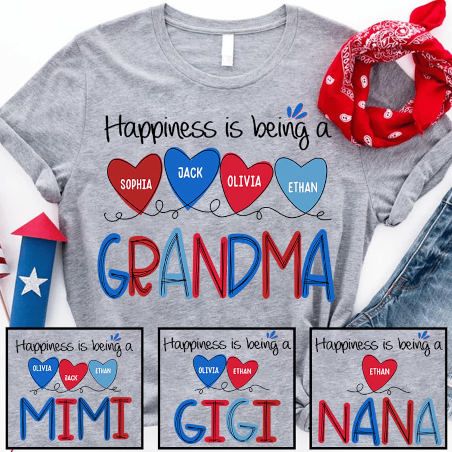 Products 4Th Of July Happiness Is Being Grandma T Shirt, Custom Grandma Shirt With Kids Names Shirt